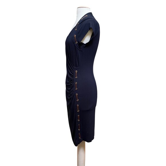 Carmen Navy Blue Faux Wrap Dress‎ Stretch Side V Neck Shirred Grommet Lacing Lg - Picture 7 of 9